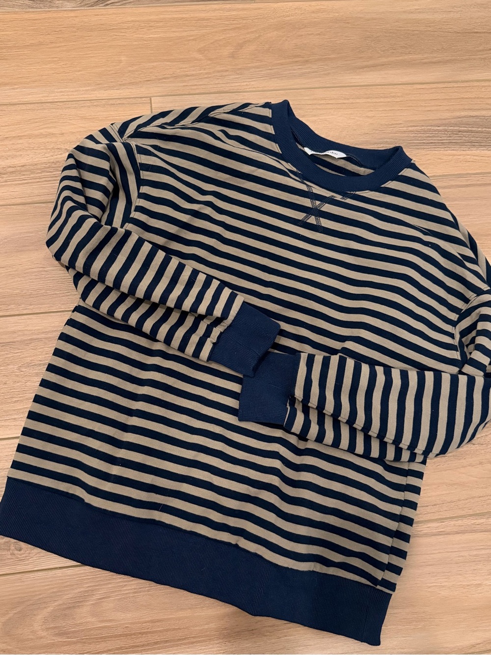 Women's Striped Crewneck Sweatshirt in Navy and Tan